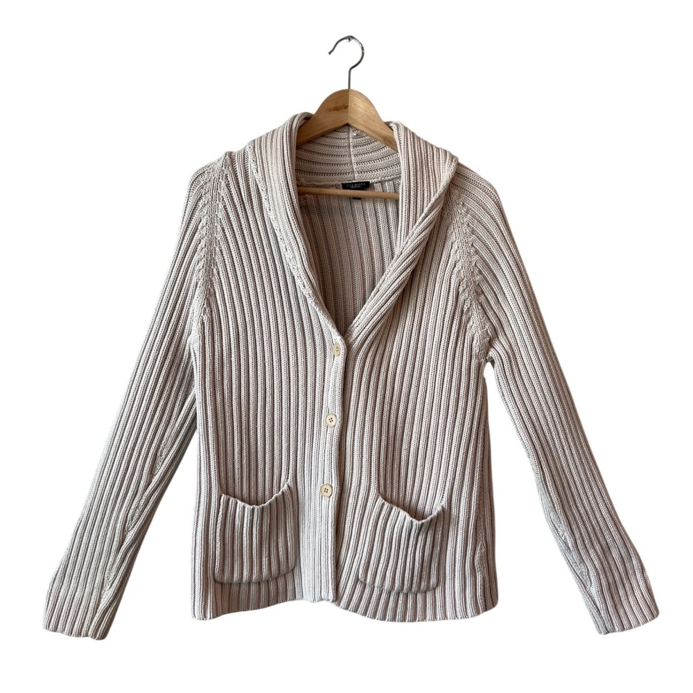 Talbots Womens Chunky Cardigan Rib Knit Shawl Collar Button Beige Cream Sz Large